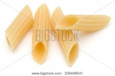 Italian pasta isolated on white background. Pennoni. Penne rigate.