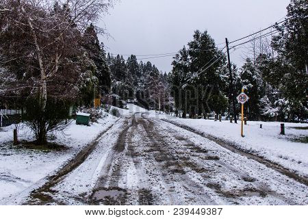 Bariloche Street With Snow - South Of Argentina