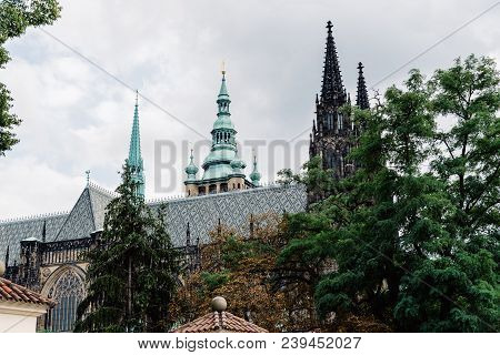 Outodoor View Of St. Vitus Cathedral In Prague. Low Angle View From Gardens