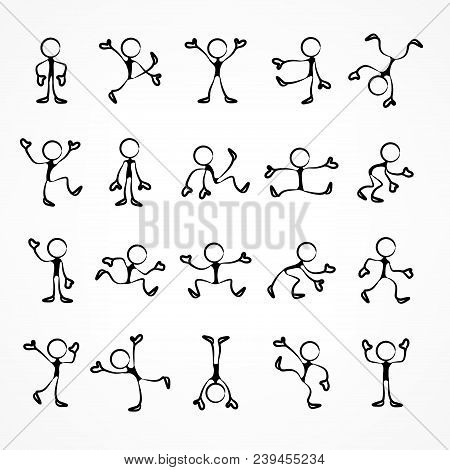 Collection Of Stick Linear Moving Figures With Different Poses, Human Icon Symbol Sign. Vector Illus
