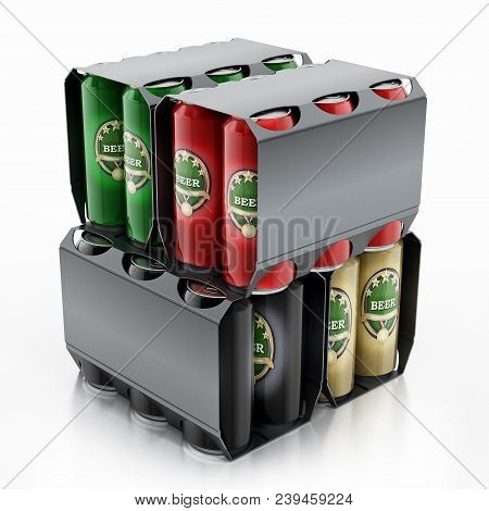 Metal Beer Cans In A 6 Pack Package. 3d Illustration.