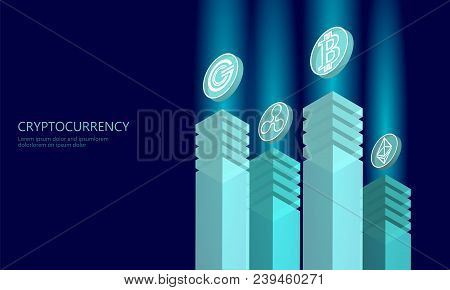 Isometric Internet Cryptocurrency Coin Business Concept. Blue Glowing Isometric Bitcoin Ethereum Rip