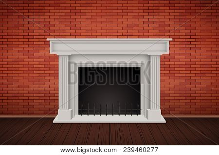 Interior Of Red Brick Wall With Fireplace And Wooden Floor. Vintage Rural Room And Fashion Interior.