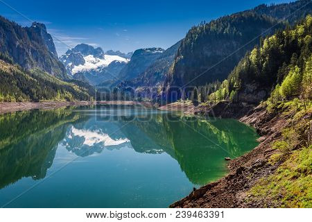 Spring Dawn At Mountain Lake In Gosau, Alps, Austria