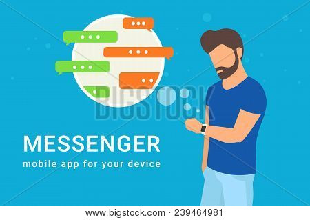 Man Using His Smart Intelligence Watch And Sending Messages To Friends Via Messenger App. Flat Illus