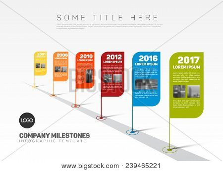 Vector Infographic Company Milestones Timeline Template With Flag Pointers And Photo Placeholders On