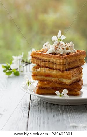 On Saucer In Spring Composition On Wooden Background.spring Still Life With Cherry Blossoms