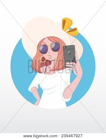 Stylish Woman With Big Hat Doing Selfie Illustration [circle Background]