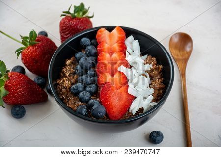 Chocolate Overnight Oats With Fresh Berries And Coconut, Vegan And Healthy Breakfast