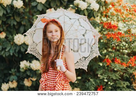 Funny Little Girl Wearing Gingham Playsuit, White Gloves, Holding Lace Parasol, Retro Stylized Image