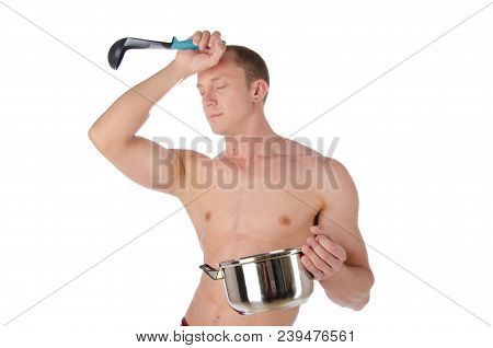 Young Sexy Cook Shirtless. Sexy Guy With No Shirt. Kitchen And Cook.