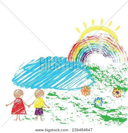 Children S Drawing Pencil With The Image Of Children And The Rainbow. Vector Illustration.