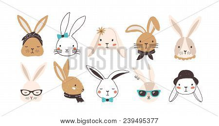 Bundle Of Funny Bunny Faces Isolated On White Background. Set Of Cute Rabbits Or Hares Wearing Glass