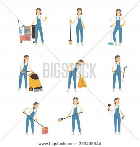 Happy Housewife Preparing To Clean Up In The Apartment She Is Standing With A Sweeper And Mop