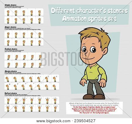 Cartoon Boy Character Big Vector Animation Sprites Sheet Set. Different Stances. Simple, Anger, Comb