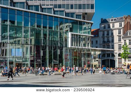 Brussels, Belgium - May 5, 2018 : People Doing Their Shopping On Mint Square (place De La Monnaie) I