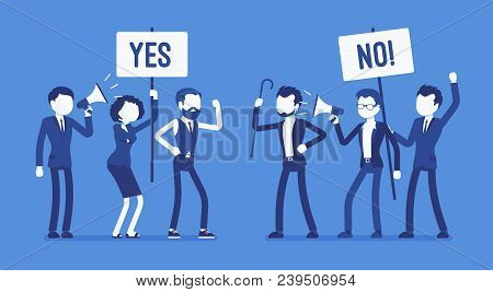Pros And Cons. Active People At Gathering To Decide Advantages, Disadvantages, Ideas For And Against