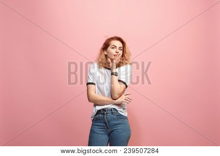 Secret, Gossip Concept. Young Woman Whispering A Secret Behind Her Hand. Business Woman Isolated On 