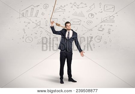 Young burnout businessman with flying documents concept