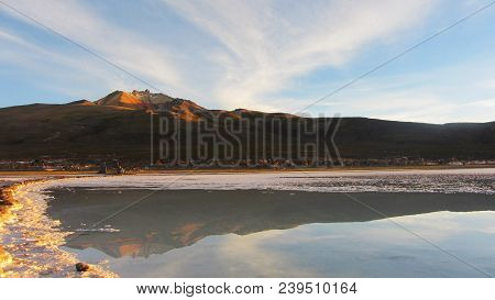 Colorful Tunupa Volcano Sunrise, Reflex In Salar De Uyuni - Bolivia