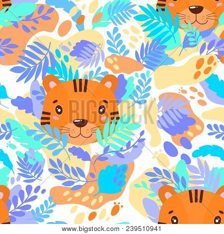 Vector Abstract Cute Pattern Jungle Tiger. For Print On A T-shirt, A Picture In The Nursery. Illustr