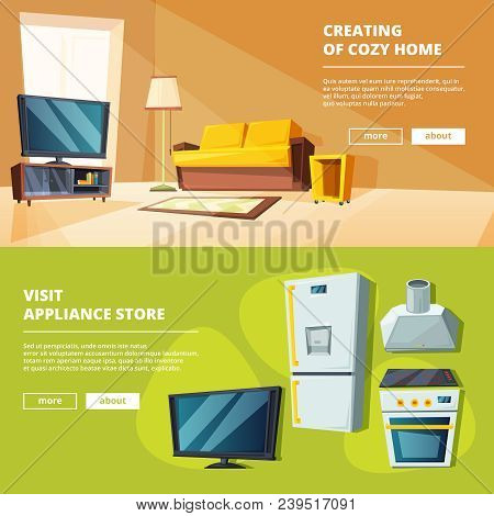Cartoon Banners With Illustrations Of Various Furniture For Kitchen And Living Room. Vector Poster I