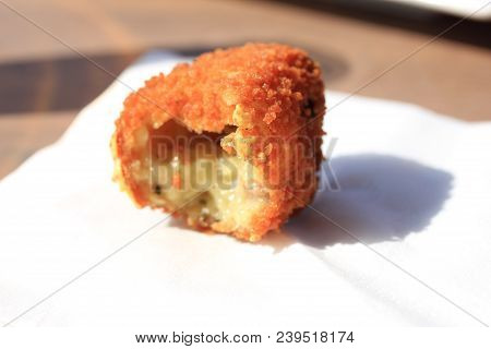 Dutch Bitterbal Warm Stuffed Fried Meatbal, Served In The Netherlands With Mustard