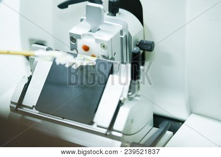 Rotary Microtome Section For Diagnosis In Pathology Make Microscope Slide Histology. Human Tissue Eq