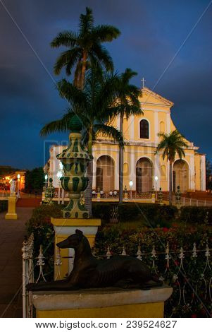 Trinidad, Cuba. Plaza Mayor And Church Of The Holy Trinity. Late Evening. Night Landscape.