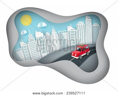Paper Art Background With Red Car Escape From The City. Fluffy Paper Clouds, Sun And Scyscrapers Vac