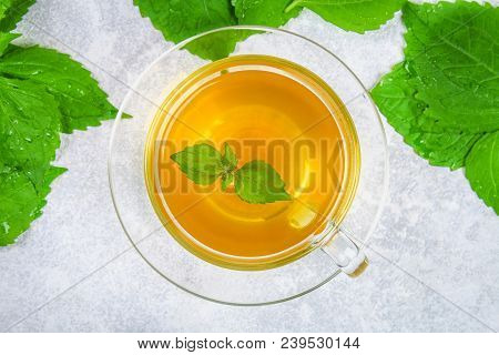 Leaves Of Fresh Green Nettle And A Clear Glass Cup Of Herbal Nettle Tea On A Gray Concrete Table. To