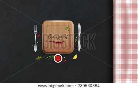 Table With A Checkered Tablecloth. Kitchen Table. Table Setting. Top View. Bon Appetit Lettering. Ve
