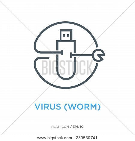 Worm Eating Flash Drive As Worm Virus Symbol. Simple Line Flat Icon.