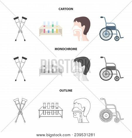 Crutch, Tripod With Test Tubes, Wheelchair, Human Respiratory System. Medicine Set Collection Icons 