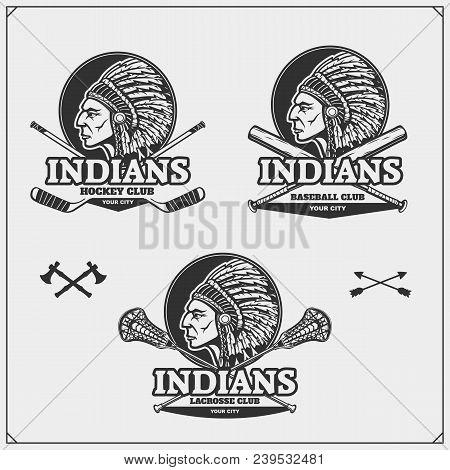 Lacrosse, Baseball And Hockey Badges And Labels. Sport Club Emblems With Indian Chief. Vector.