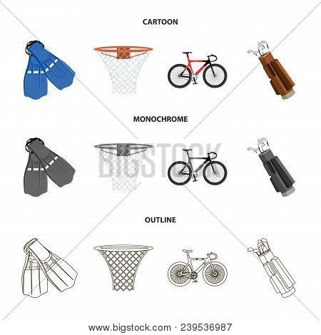 Flippers For Swimming, Basketball Basket, Net, Racing Holograph, Golf Bag. Sport Set Collection Icon