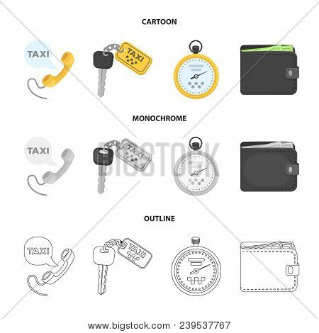 Handset With The Inscription Of A Taxi, Car Keys With A Key Fob, A Stopwatch With A Fare, A Purse Wi