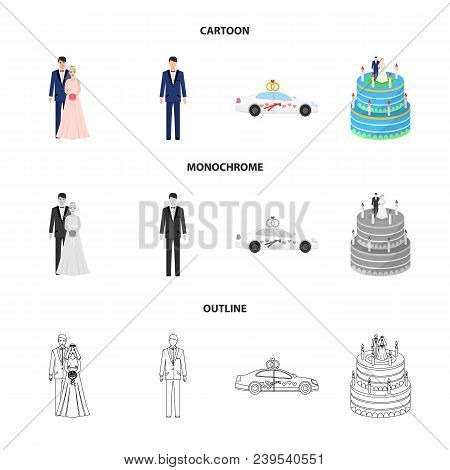 Wedding And Attributes Cartoon , Flat, Outline, Black Icons In Set Collection For Design.newlyweds A