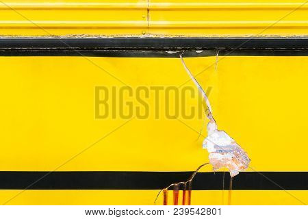 Broken Surface Of Old Yellow Grunge Car With Carck Texture Background. Abstract Yellow Steel Texture