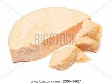 Pieces Of Parmesan Or Parmigiano Hard Cheese Isolated On White Background