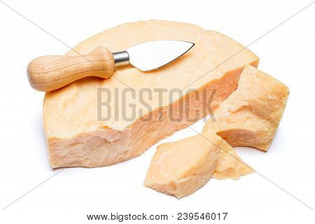 Pieces Of Parmesan Or Parmigiano Hard Cheese Isolated On White Background