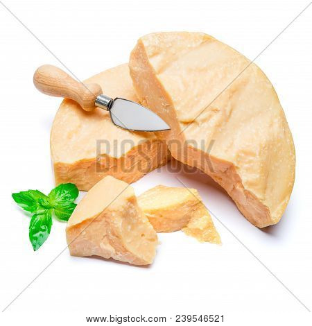 Pieces Of Parmesan Or Parmigiano Hard Cheese Isolated On White Background