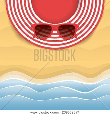 Summer Striped Hat And Red Sunglasses. Woman Beach Sunhat On Sand. Top View. Summer Concept. Vector 