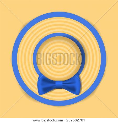 Summer Hat With A Blue Bow. Woman Beach Sunhat On Sand. Top View. Summer Concept. Vector Illustratio