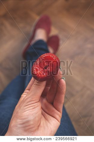 A Strawberry In Lady's Hands.