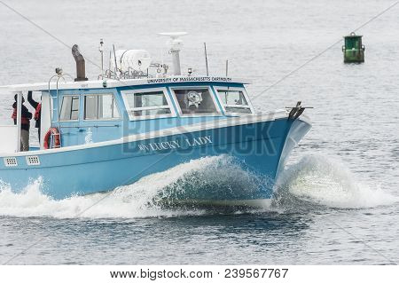 New Bedford, Massachusetts, Usa - May 7, 2018: Research Vessel Lucky Lady On Acushnet River Approach
