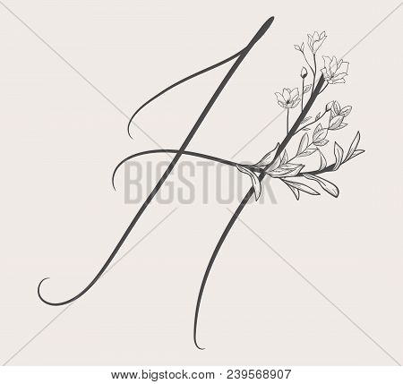 Vector Hand Drawn Flowered H Monogram Or Logo. Uppercase Letter H With Flowers And Branches. Handwri