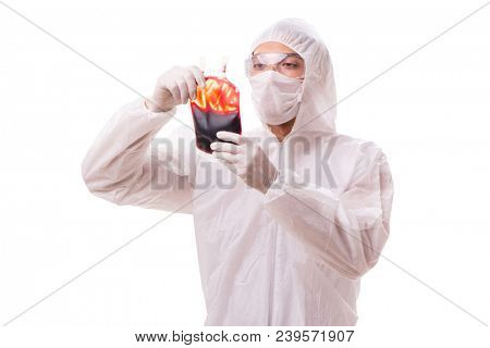 Epidemiologist with blood sample isolated on white background