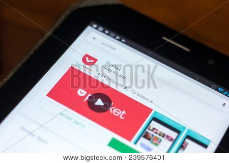 Ryazan, Russia - May 02, 2018: Pocket Icon In The List Of Mobile Apps On The Display Of Tablet Pc