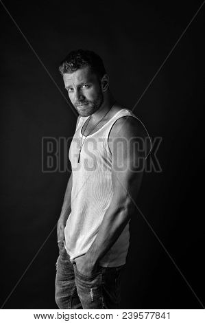 Fashion Model On Grey Background. Style And Look, Barber. Man With Unshaven Face In Studio. Fashion 